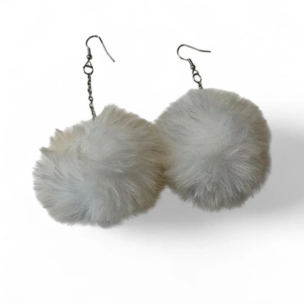White Faux Fur Pom‎ Pom Dangle Earrings